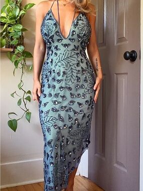 green emerald velvet dress Vintage Ad Blue Silk Beaded Dress by Andretta Donatello